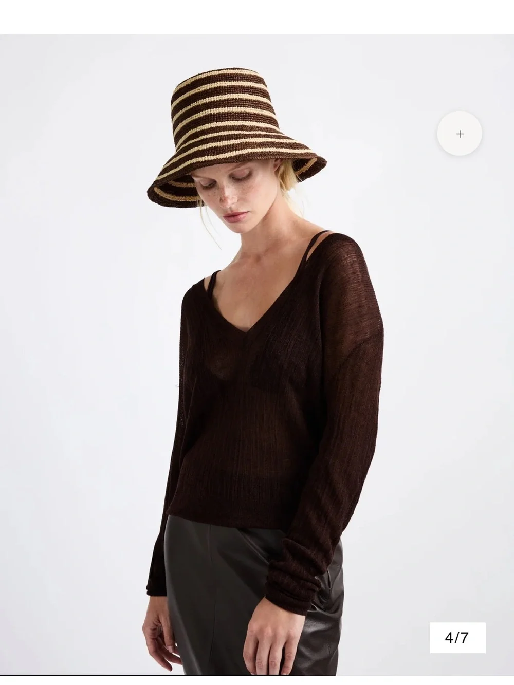 Janessa Leone Brown and Cream Striped Crochet Bucket Hat